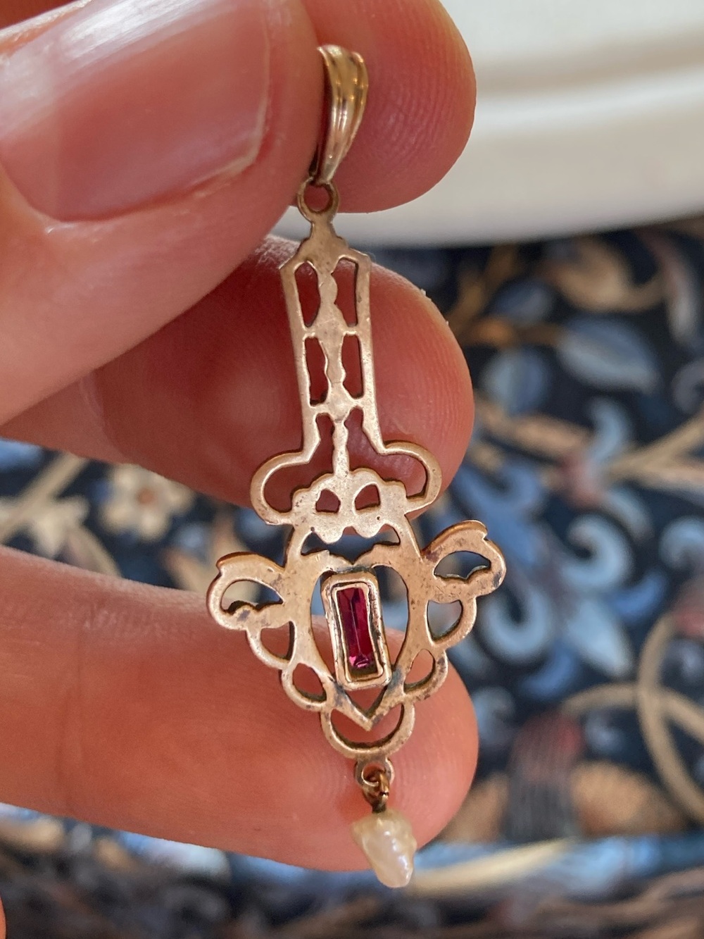 Antique Victorian Natural Pearl & Garnet Paste Lavaliere Pendant - Picture 4 of 9